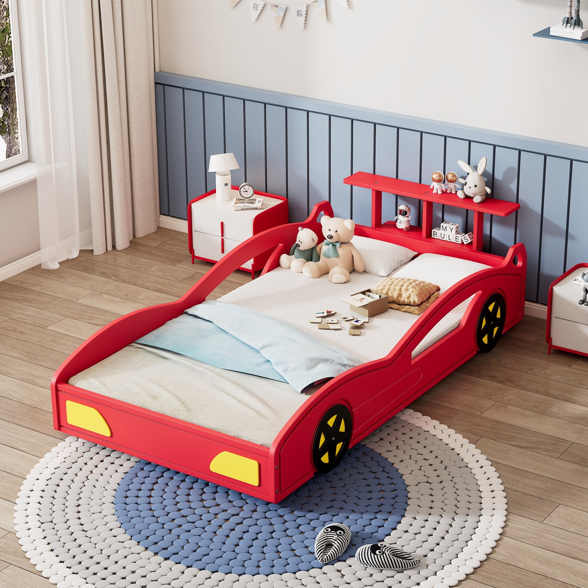 variant-group:rf-n701p465364j|Roomfitters Twin Size Wooden Race Car Bed Frame with Wheels, Car Shaped Platform Bed Storage, No Box Spring, Red & Yellow