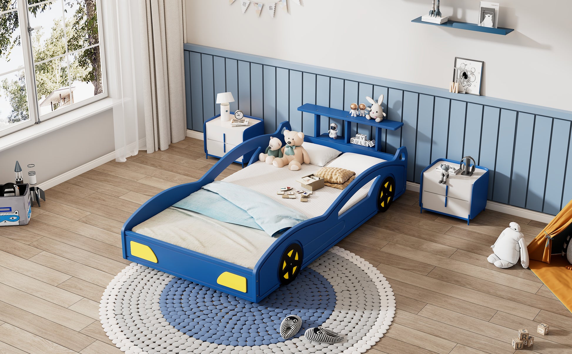 variant-group:rf-n701p465364c|Roomfitters Twin Size Wooden Race Car Bed Frame with Wheels, Car Shaped Platform Bed Storage, No Box Spring, Blue & Yellow