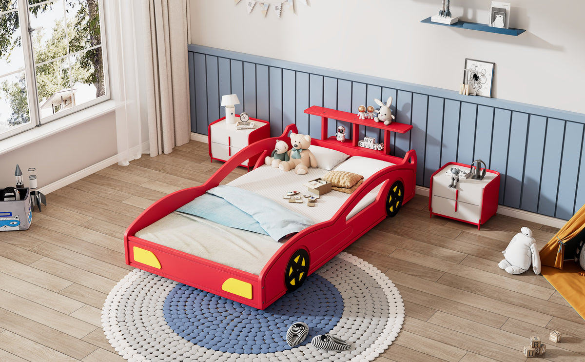 variant-group:rf-n701p465364j|Roomfitters Twin Size Wooden Race Car Bed Frame with Wheels, Car Shaped Platform Bed Storage, No Box Spring, Red & Yellow