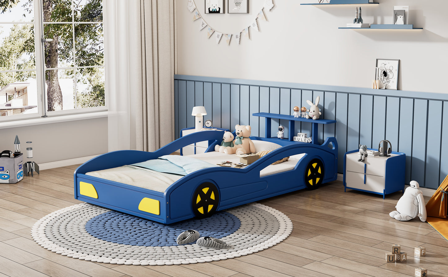 variant-group:rf-n701p465364c|Roomfitters Twin Size Wooden Race Car Bed Frame with Wheels, Car Shaped Platform Bed Storage, No Box Spring, Blue & Yellow