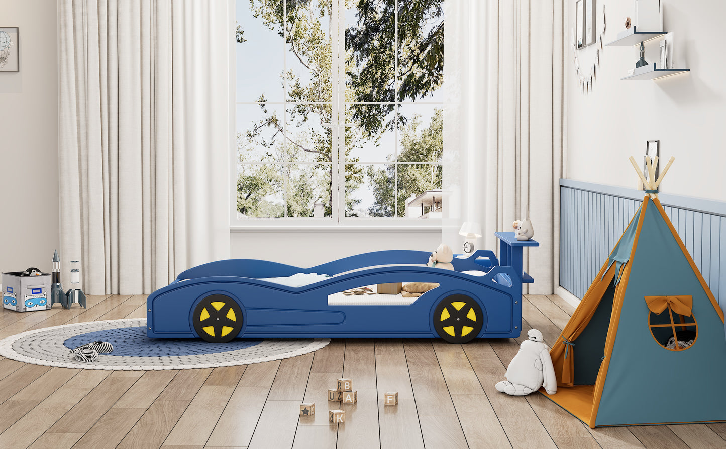 variant-group:rf-n701p465364c|Roomfitters Twin Size Wooden Race Car Bed Frame with Wheels, Car Shaped Platform Bed Storage, No Box Spring, Blue & Yellow