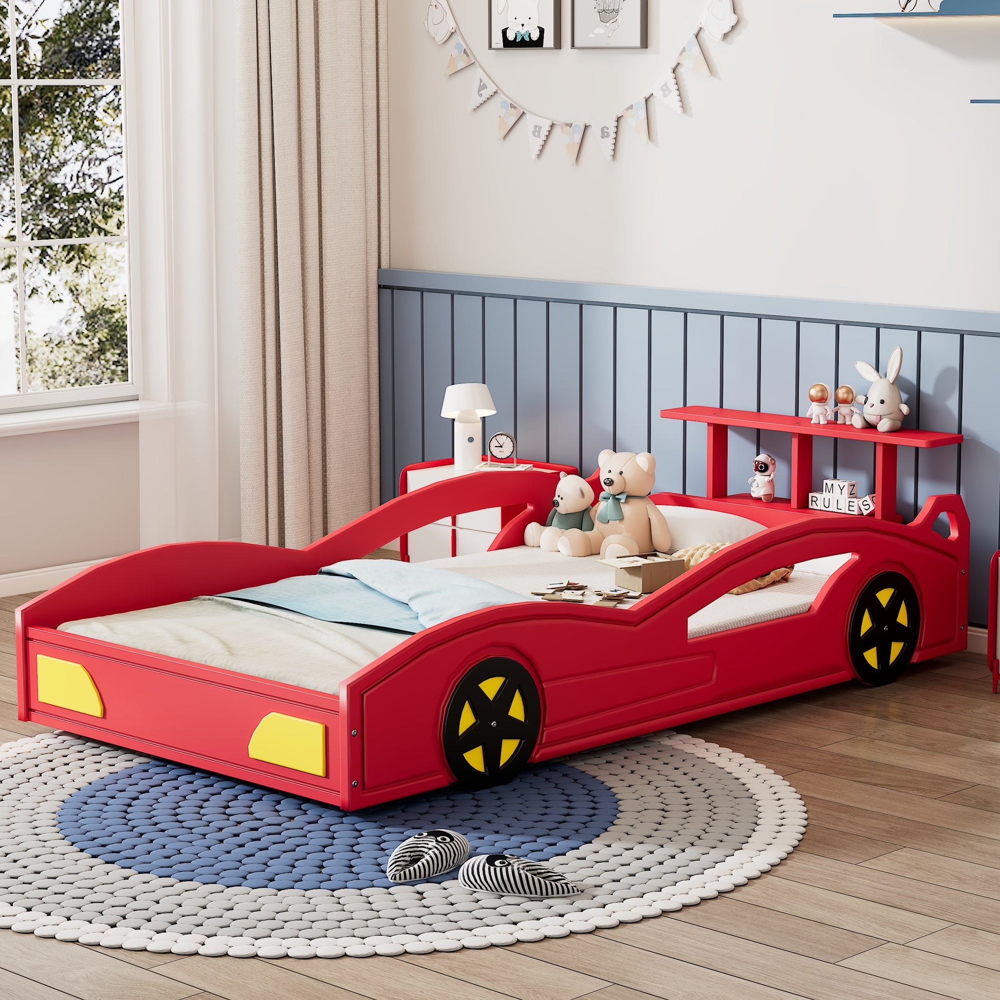 variant-group:rf-n701p465364j|Roomfitters Twin Size Wooden Race Car Bed Frame with Wheels, Car Shaped Platform Bed Storage, No Box Spring, Red & Yellow
