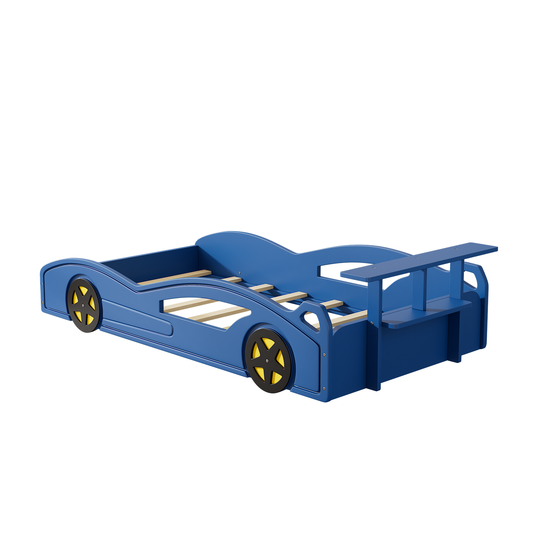 variant-group:rf-n701p465364c|Roomfitters Twin Size Wooden Race Car Bed Frame with Wheels, Car Shaped Platform Bed Storage, No Box Spring, Blue & Yellow