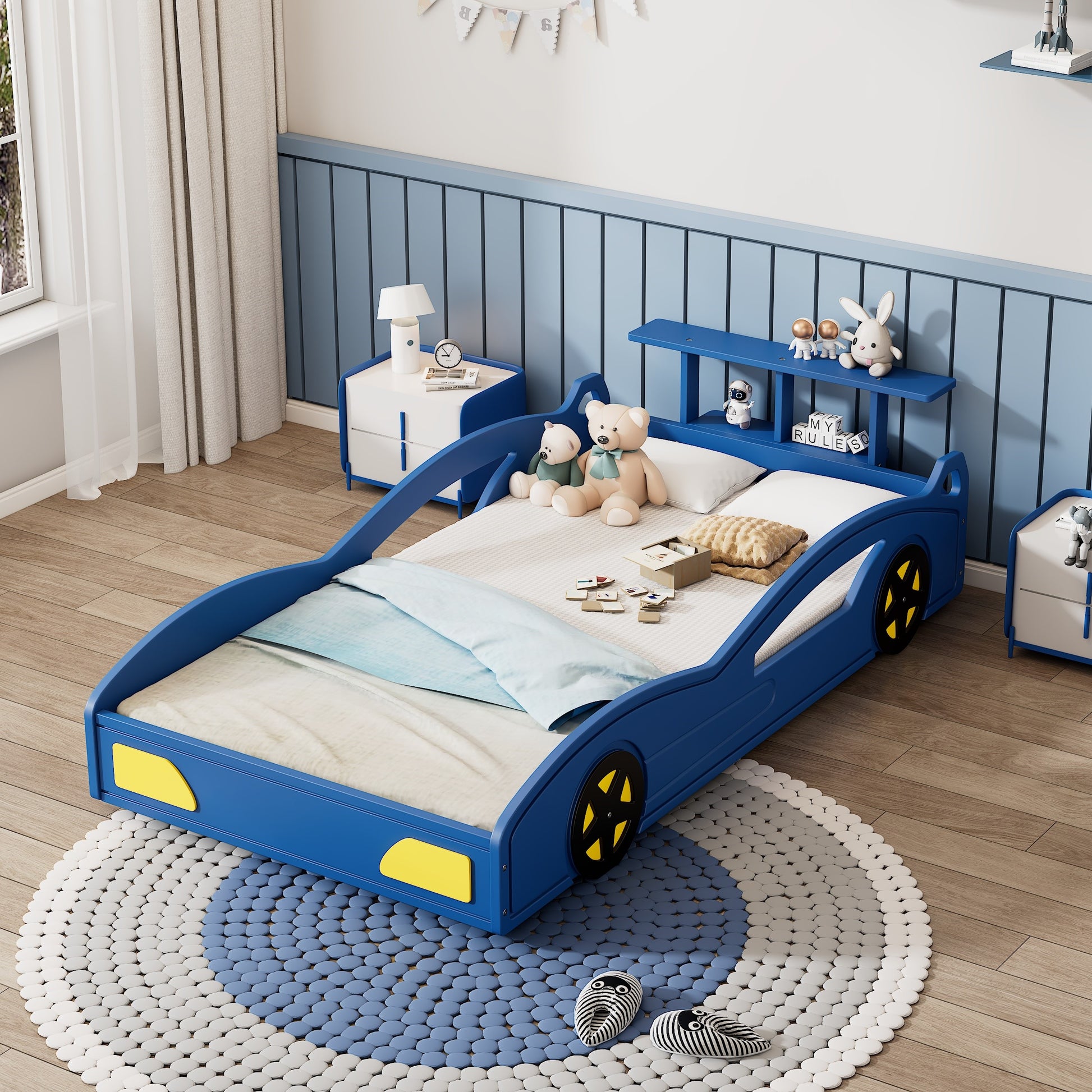 variant-group:rf-n701p465364c|Roomfitters Twin Size Wooden Race Car Bed Frame with Wheels, Car Shaped Platform Bed Storage, No Box Spring, Blue & Yellow