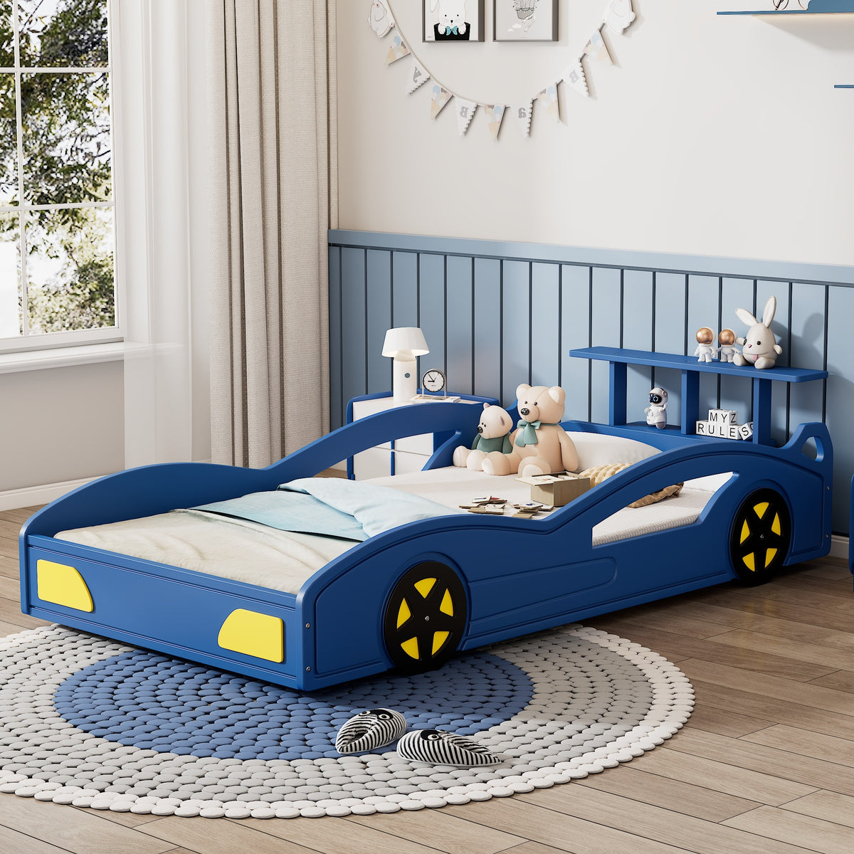 variant-group:rf-n701p465364c|Roomfitters Twin Size Wooden Race Car Bed Frame with Wheels, Car Shaped Platform Bed Storage, No Box Spring, Blue & Yellow