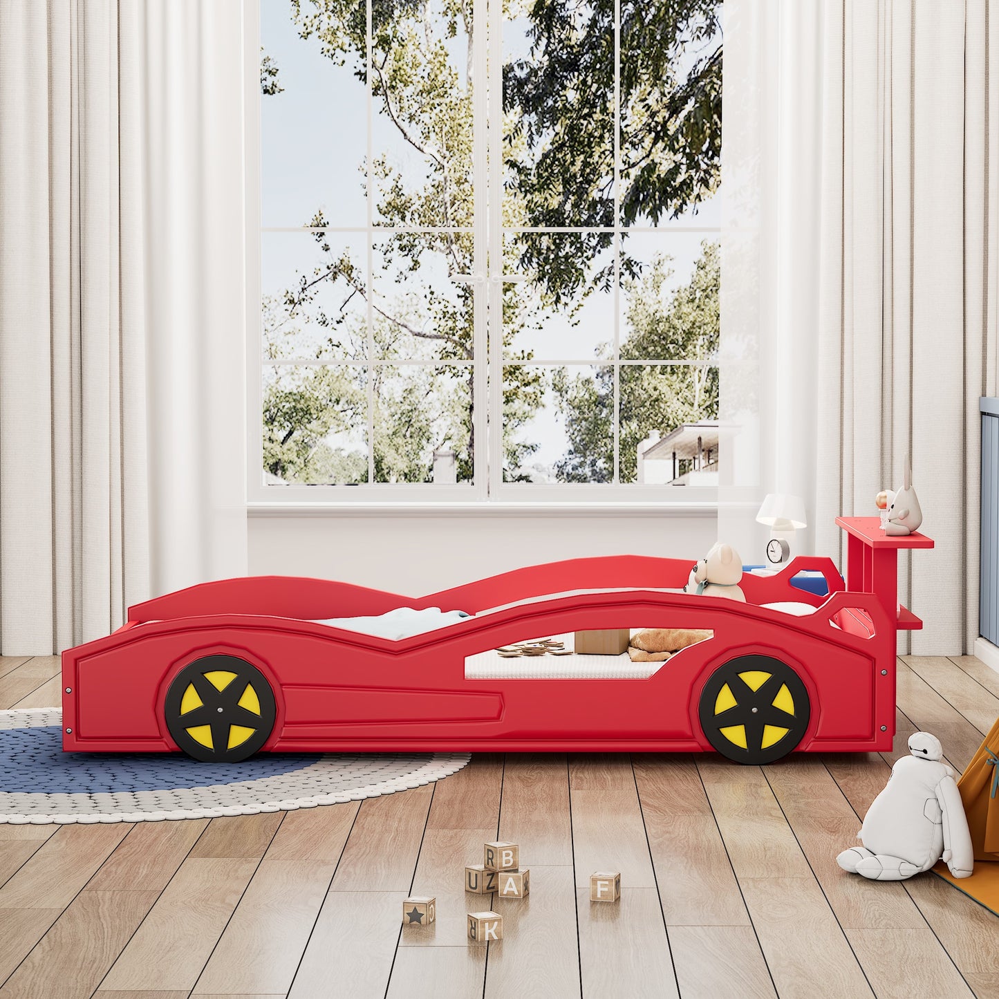 variant-group:rf-n701p465364j|Roomfitters Twin Size Wooden Race Car Bed Frame with Wheels, Car Shaped Platform Bed Storage, No Box Spring, Red & Yellow