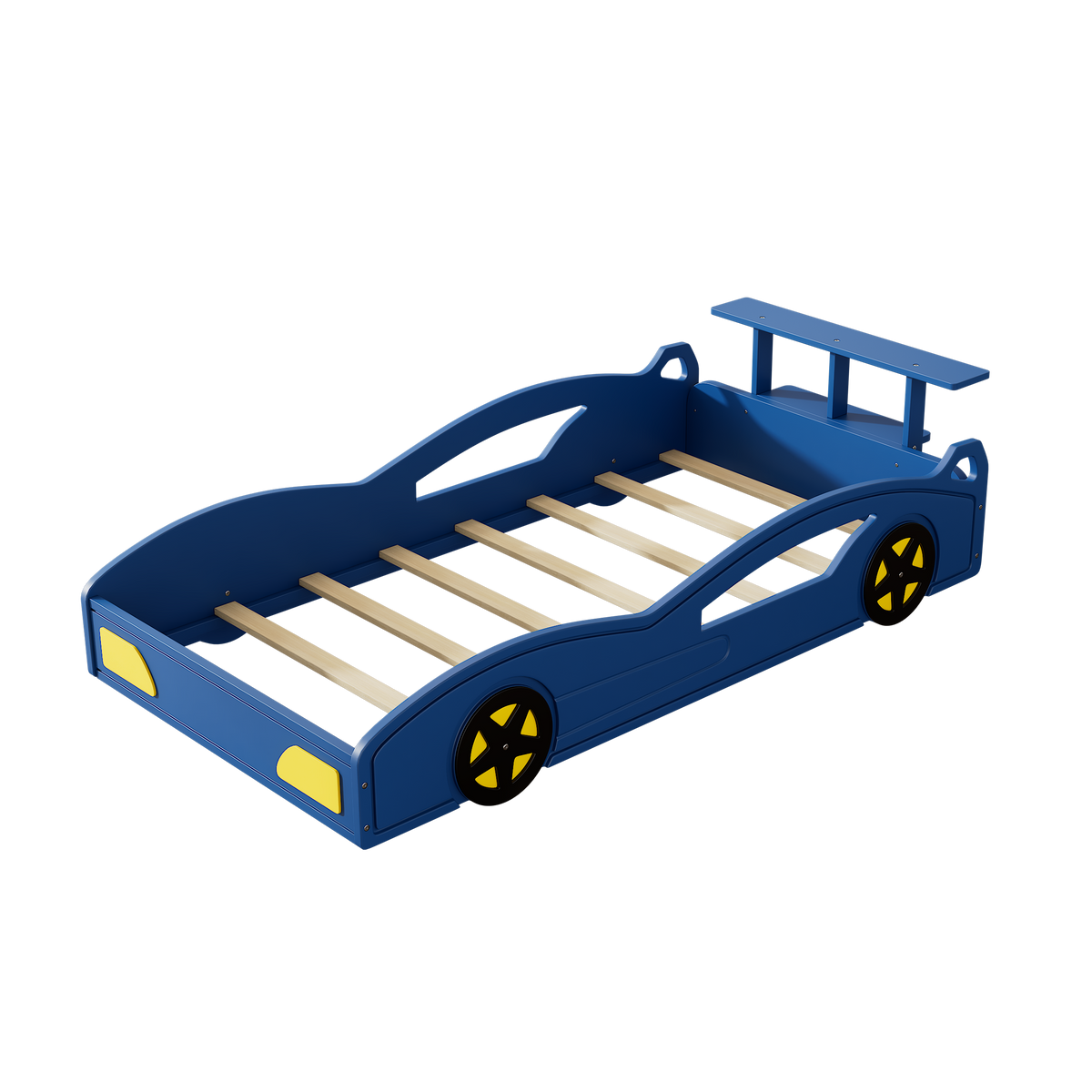 variant-group:rf-n701p465364c|Roomfitters Twin Size Wooden Race Car Bed Frame with Wheels, Car Shaped Platform Bed Storage, No Box Spring, Blue & Yellow
