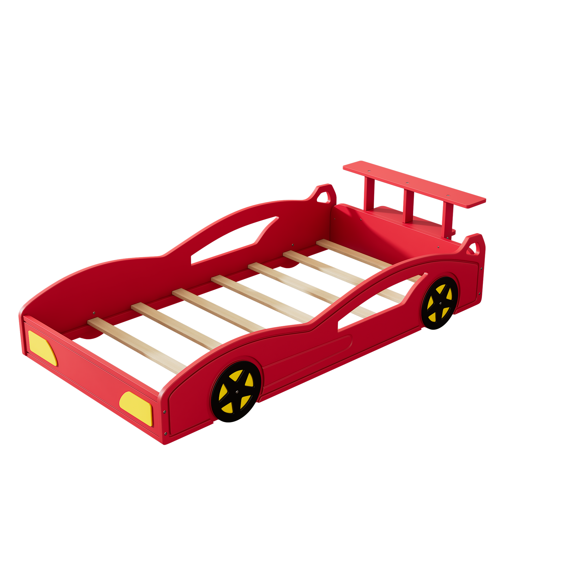variant-group:rf-n701p465364j|Roomfitters Twin Size Wooden Race Car Bed Frame with Wheels, Car Shaped Platform Bed Storage, No Box Spring, Red & Yellow