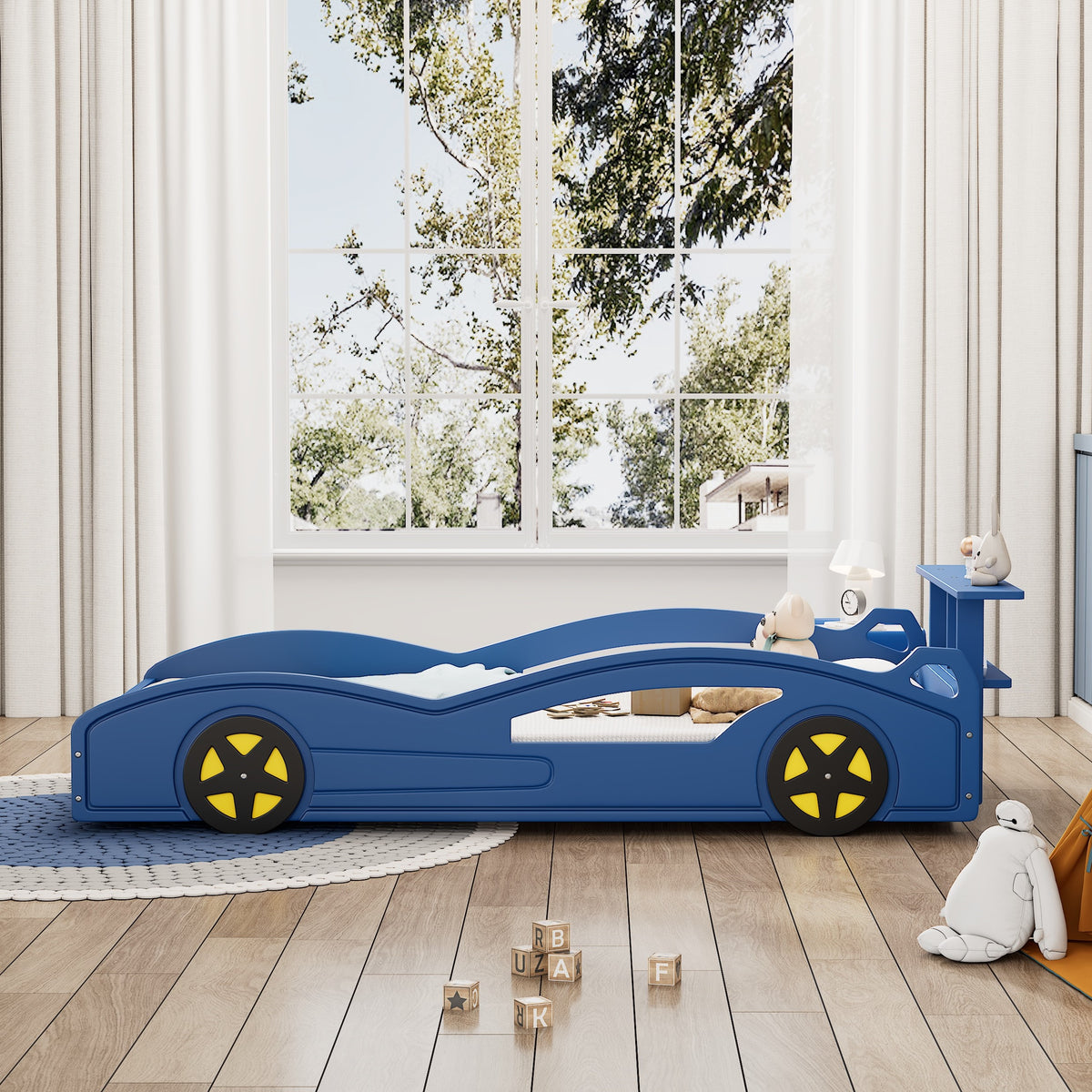 variant-group:rf-n701p465364c|Roomfitters Twin Size Wooden Race Car Bed Frame with Wheels, Car Shaped Platform Bed Storage, No Box Spring, Blue & Yellow