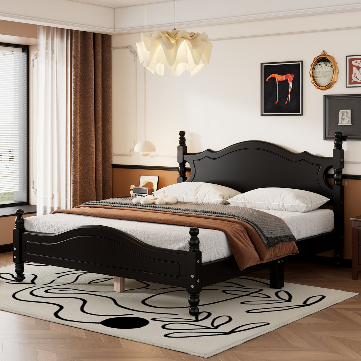 variant-group:rf-n733wf310132aab|Roomfitters Queen Size Wood Platform Bed Frame, Retro-Inspired Design with Sturdy Wooden Slat Support for Classic and Modern Interiors, Black