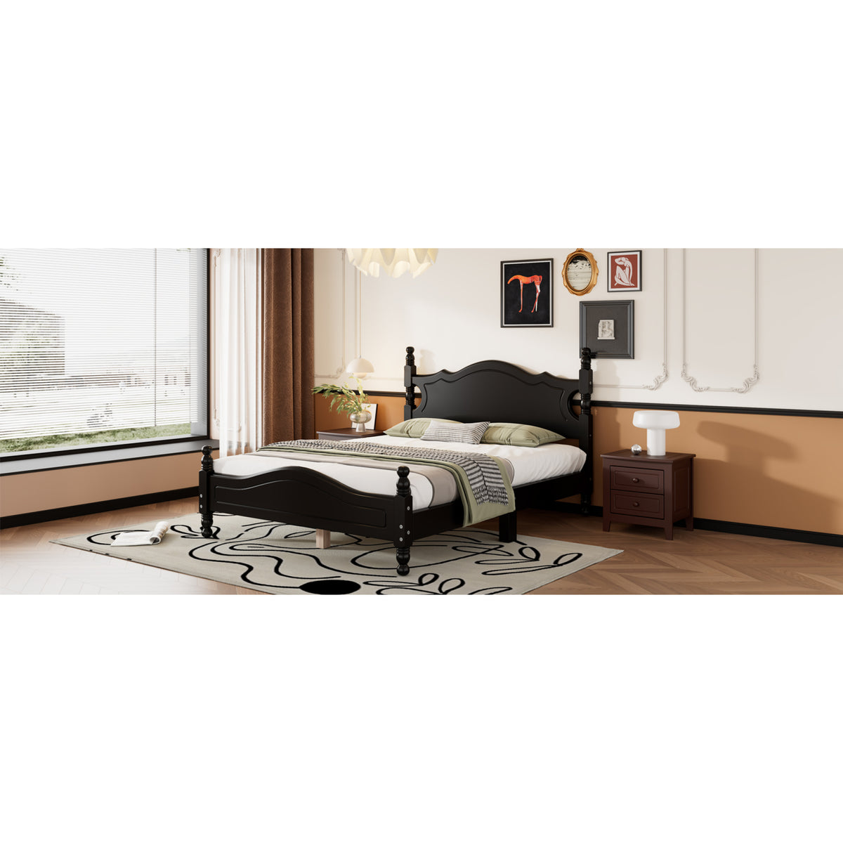 variant-group:rf-n733wf310129aab|Roomfitters Full Size Wood Platform Bed Frame, Retro-Inspired Design with Sturdy Wooden Slat Support for Classic and Modern Interiors, Black