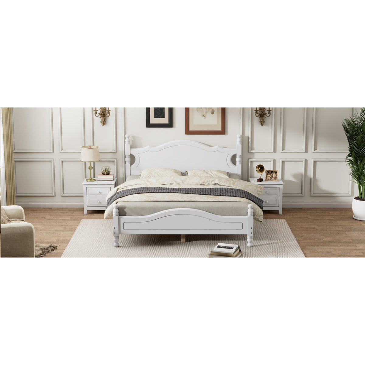 variant-group:rf-n733wf310132aak|Roomfitters Queen Size Wood Platform Bed Frame, Retro-Inspired Design with Sturdy Wooden Slat Support for Classic and Modern Interiors, White