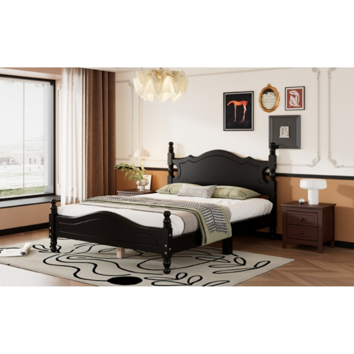 variant-group:rf-n733wf310129aab|Roomfitters Full Size Wood Platform Bed Frame, Retro-Inspired Design with Sturdy Wooden Slat Support for Classic and Modern Interiors, Black