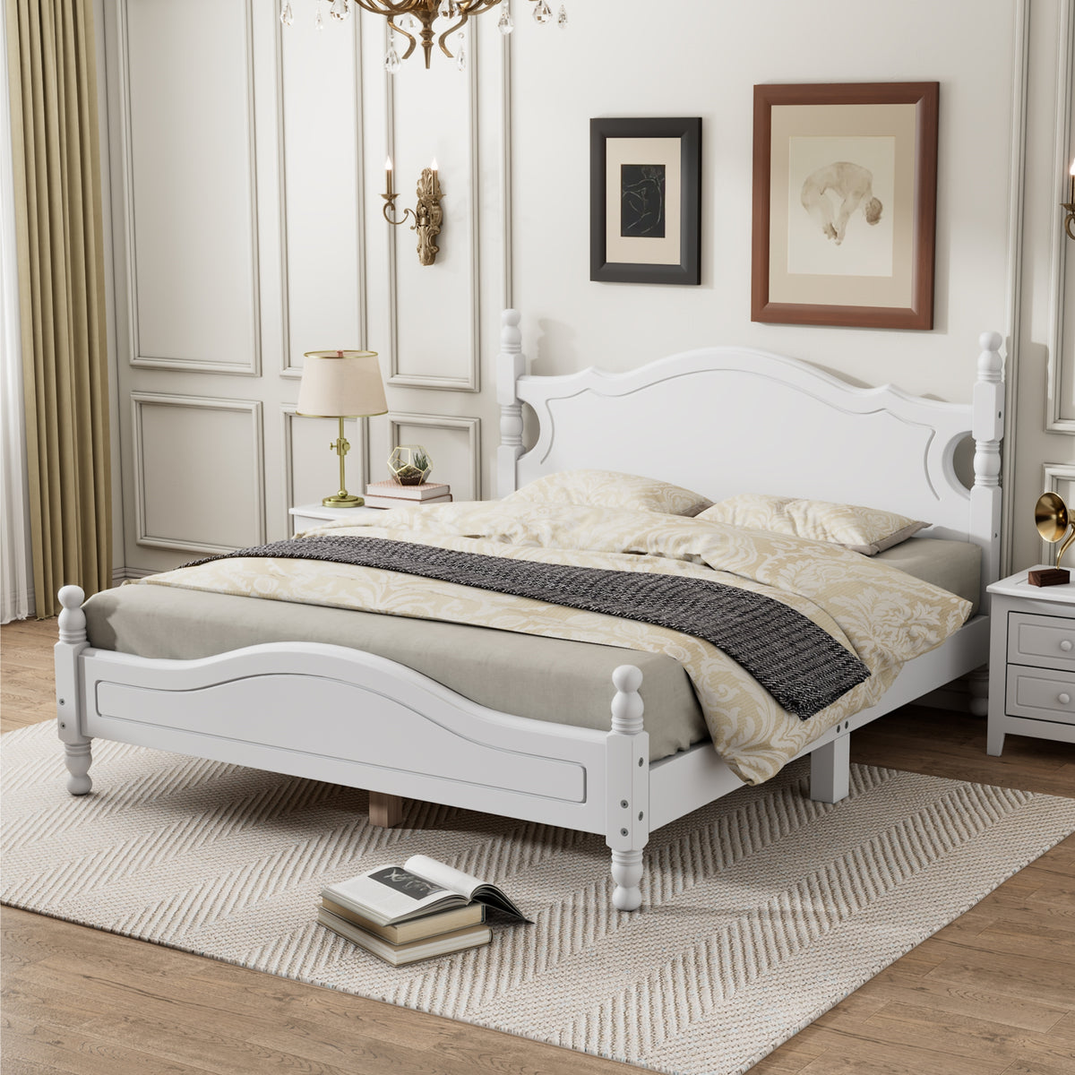 variant-group:rf-n733wf310132aak|Roomfitters Queen Size Wood Platform Bed Frame, Retro-Inspired Design with Sturdy Wooden Slat Support for Classic and Modern Interiors, White