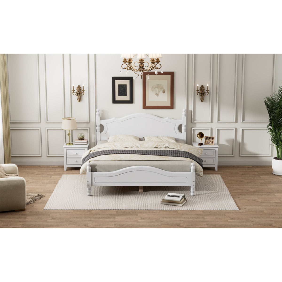 variant-group:rf-n733wf310132aak|Roomfitters Queen Size Wood Platform Bed Frame, Retro-Inspired Design with Sturdy Wooden Slat Support for Classic and Modern Interiors, White