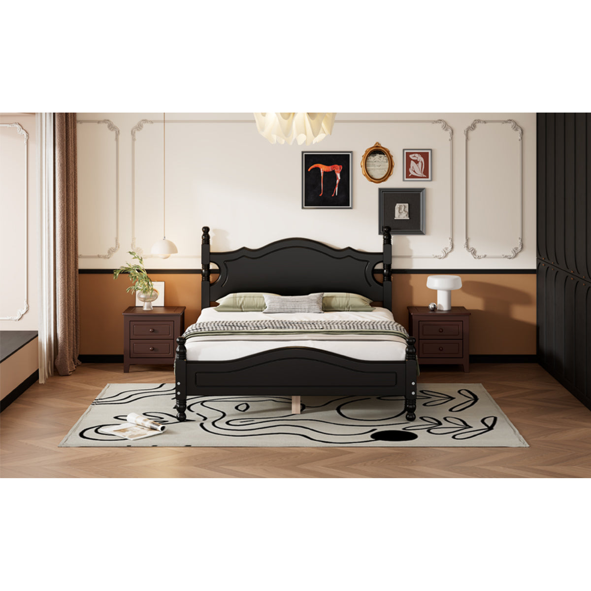 variant-group:rf-n733wf310129aab|Roomfitters Full Size Wood Platform Bed Frame, Retro-Inspired Design with Sturdy Wooden Slat Support for Classic and Modern Interiors, Black