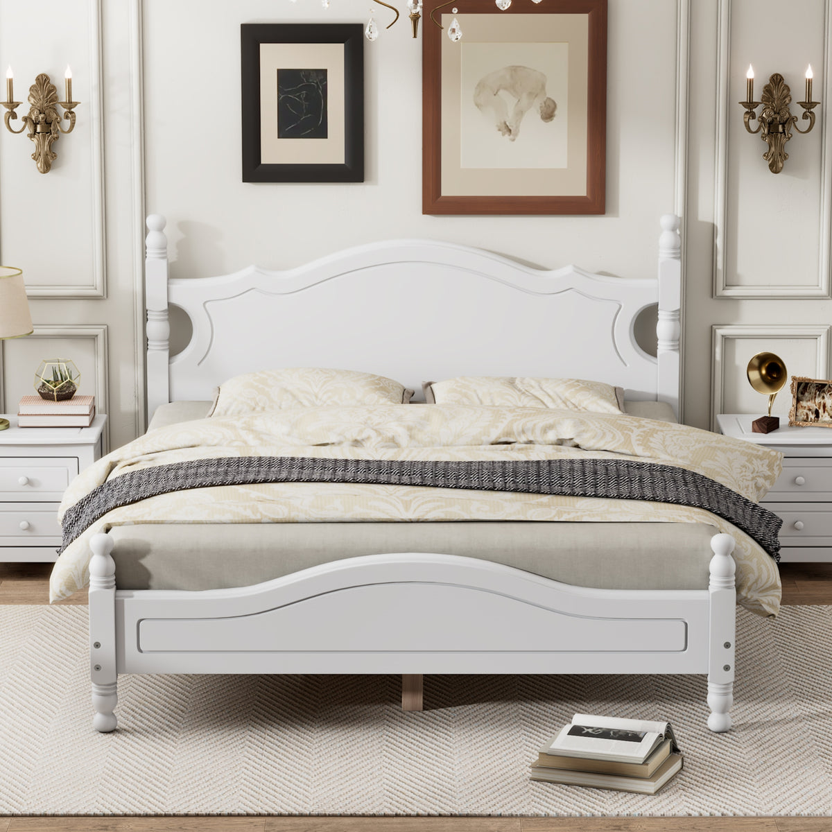 variant-group:rf-n733wf310132aak|Roomfitters Queen Size Wood Platform Bed Frame, Retro-Inspired Design with Sturdy Wooden Slat Support for Classic and Modern Interiors, White
