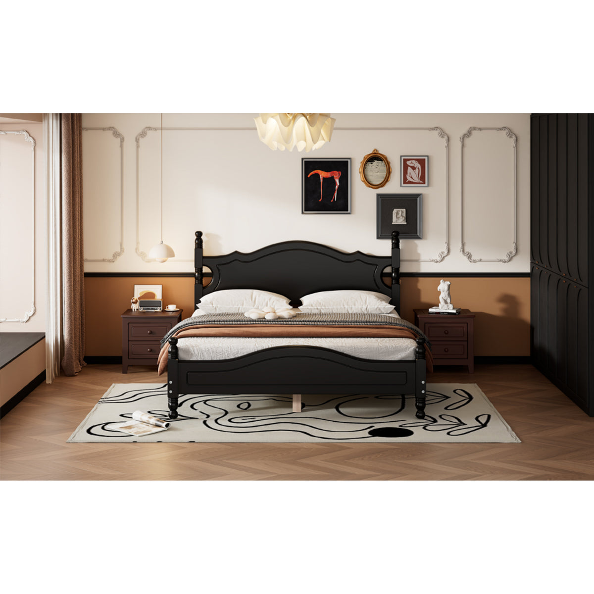 variant-group:rf-n733wf310132aab|Roomfitters Queen Size Wood Platform Bed Frame, Retro-Inspired Design with Sturdy Wooden Slat Support for Classic and Modern Interiors, Black