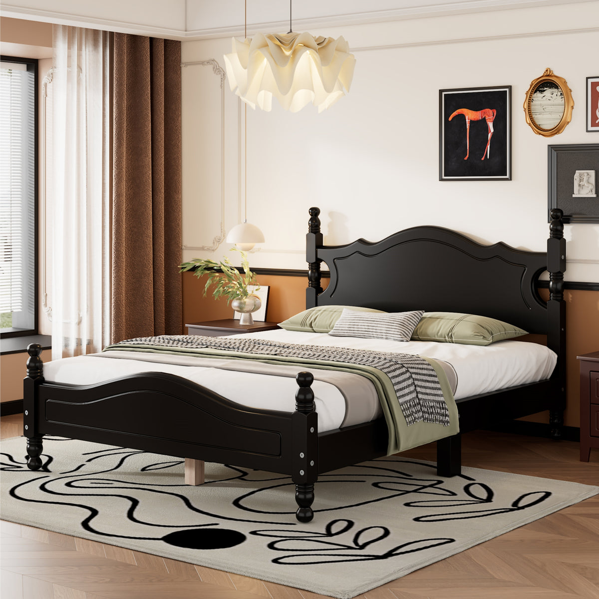 variant-group:rf-n733wf310129aab|Roomfitters Full Size Wood Platform Bed Frame, Retro-Inspired Design with Sturdy Wooden Slat Support for Classic and Modern Interiors, Black