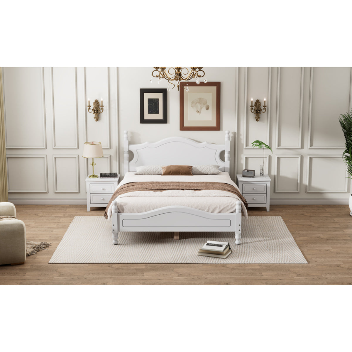 variant-group:rf-n733wf310129aak|Roomfitters Full Size Wood Platform Bed Frame, Retro-Inspired Design with Sturdy Wooden Slat Support for Classic and Modern Interiors, White