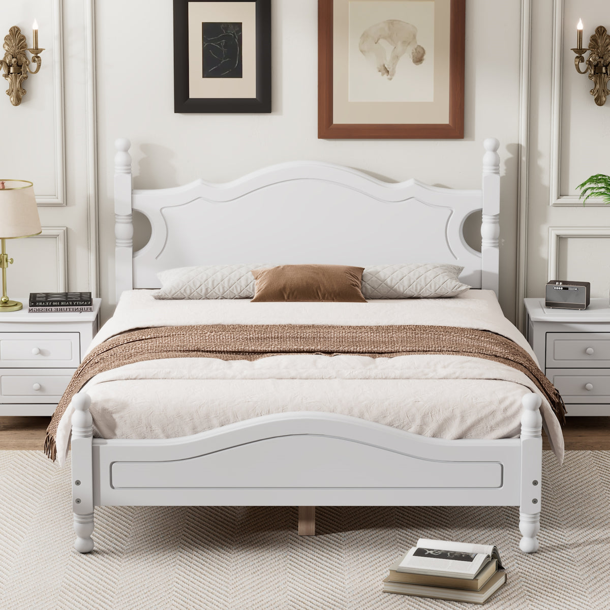 variant-group:rf-n733wf310129aak|Roomfitters Full Size Wood Platform Bed Frame, Retro-Inspired Design with Sturdy Wooden Slat Support for Classic and Modern Interiors, White