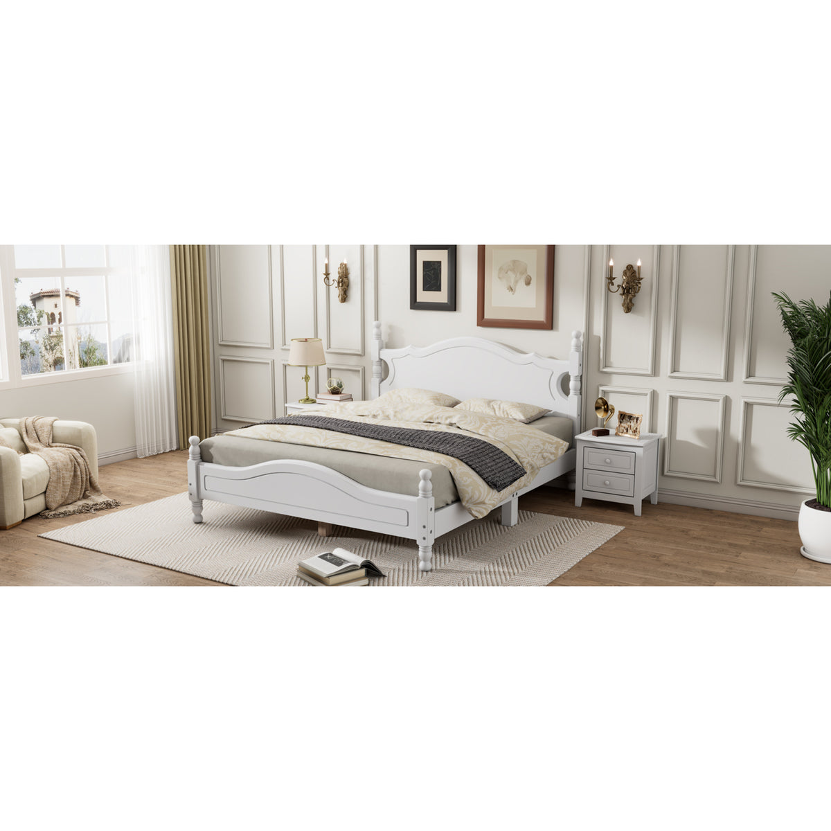 variant-group:rf-n733wf310132aak|Roomfitters Queen Size Wood Platform Bed Frame, Retro-Inspired Design with Sturdy Wooden Slat Support for Classic and Modern Interiors, White
