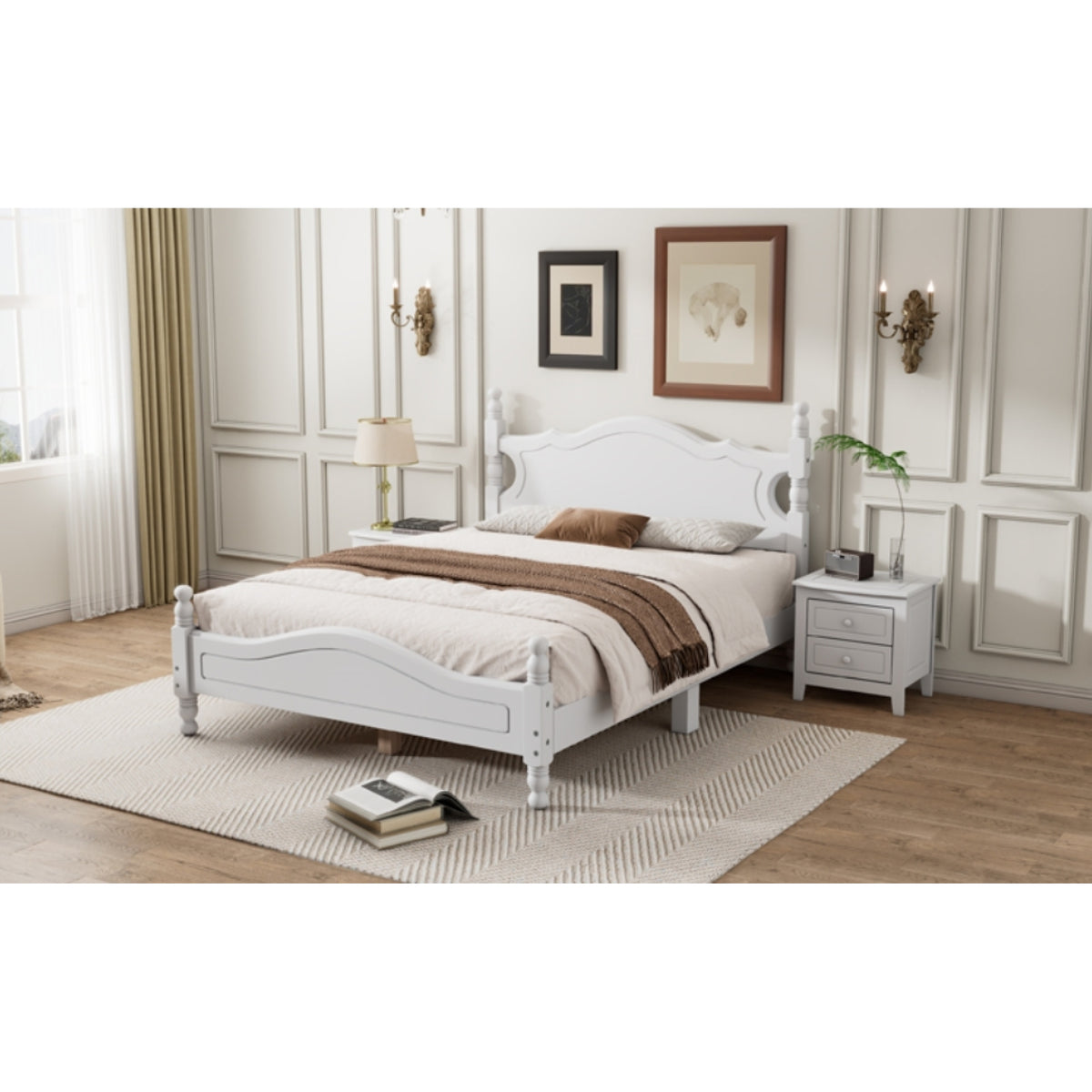 variant-group:rf-n733wf310129aak|Roomfitters Full Size Wood Platform Bed Frame, Retro-Inspired Design with Sturdy Wooden Slat Support for Classic and Modern Interiors, White