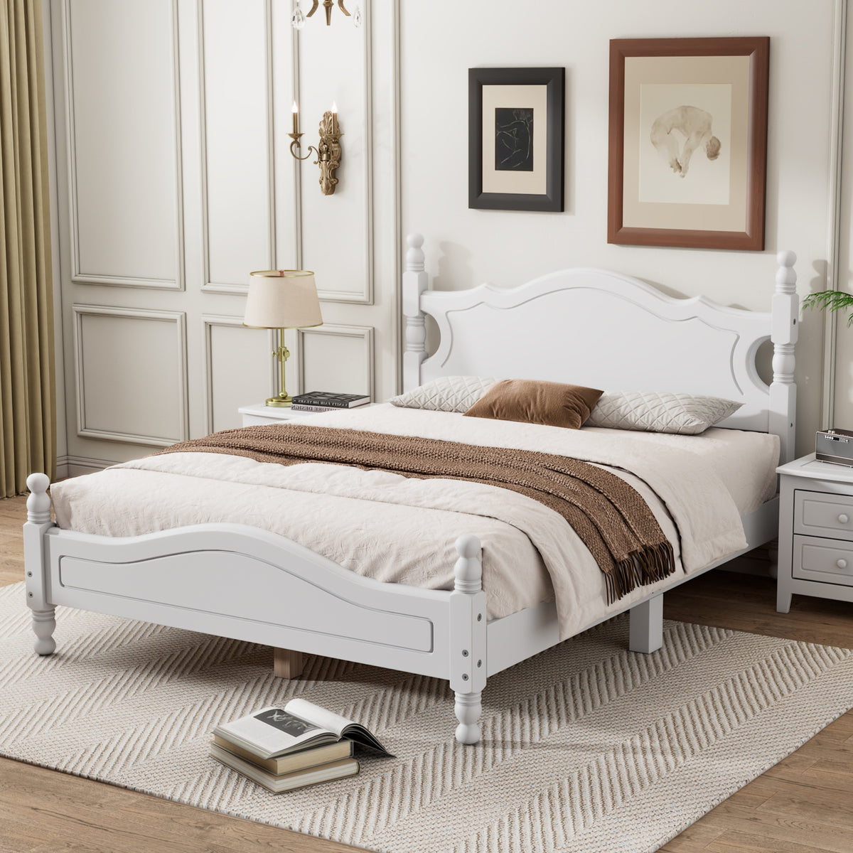 variant-group:rf-n733wf310129aak|Roomfitters Full Size Wood Platform Bed Frame, Retro-Inspired Design with Sturdy Wooden Slat Support for Classic and Modern Interiors, White