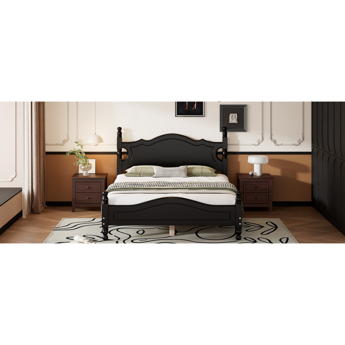 variant-group:rf-n733wf310129aab|Roomfitters Full Size Wood Platform Bed Frame, Retro-Inspired Design with Sturdy Wooden Slat Support for Classic and Modern Interiors, Black