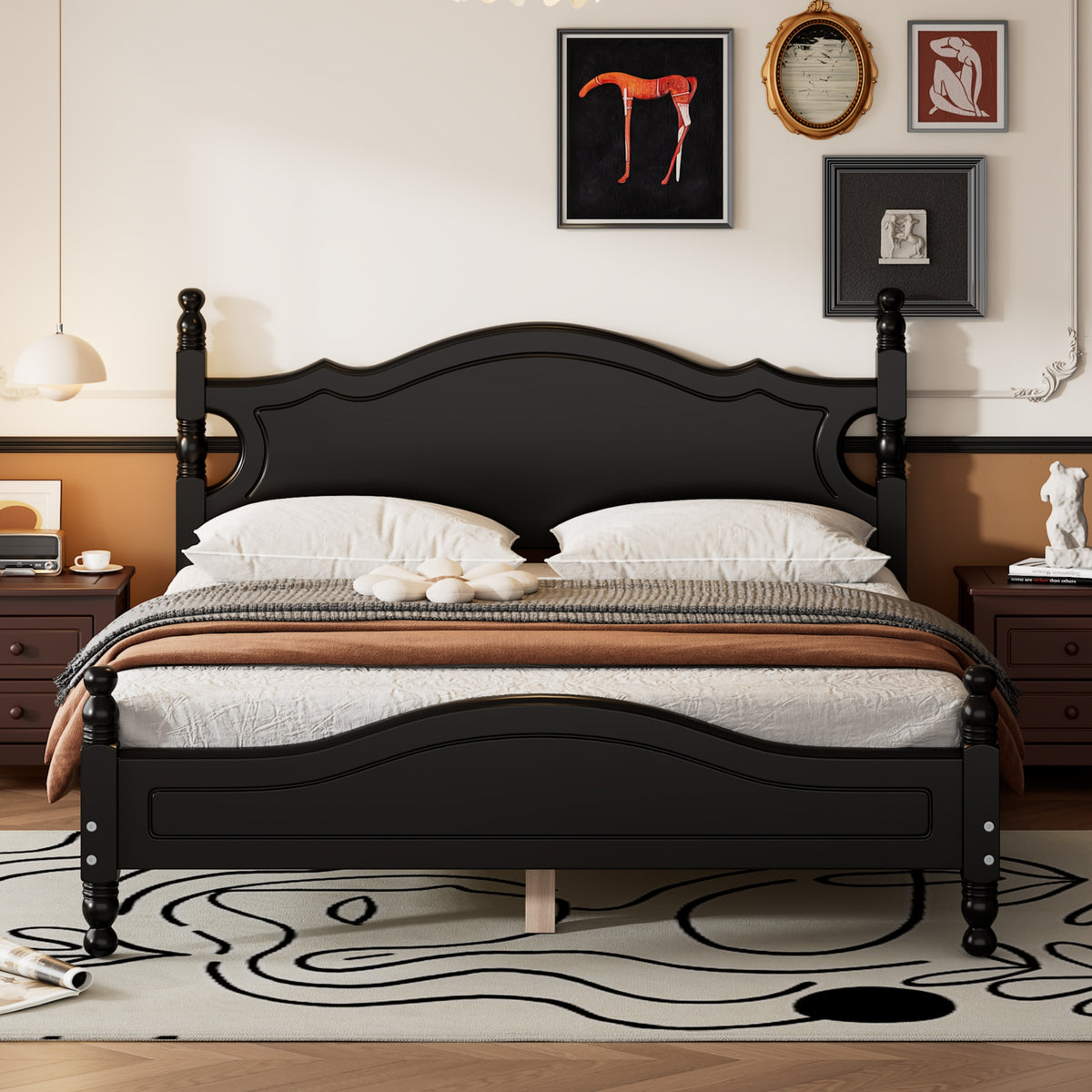 variant-group:rf-n733wf310132aab|Roomfitters Queen Size Wood Platform Bed Frame, Retro-Inspired Design with Sturdy Wooden Slat Support for Classic and Modern Interiors, Black