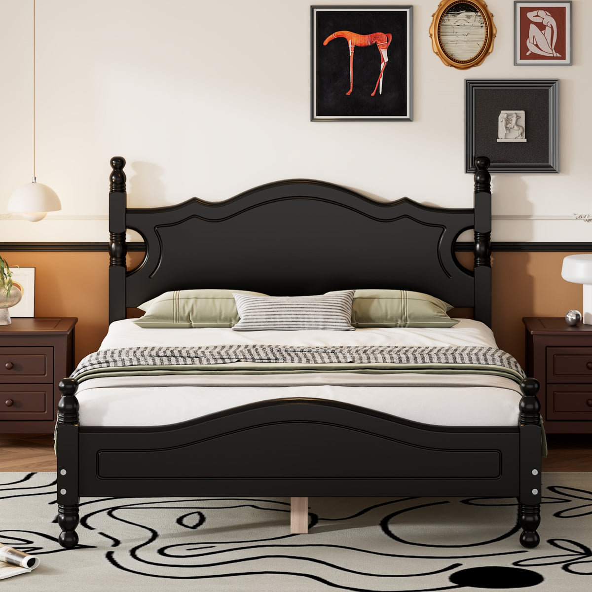 variant-group:rf-n733wf310129aab|Roomfitters Full Size Wood Platform Bed Frame, Retro-Inspired Design with Sturdy Wooden Slat Support for Classic and Modern Interiors, Black
