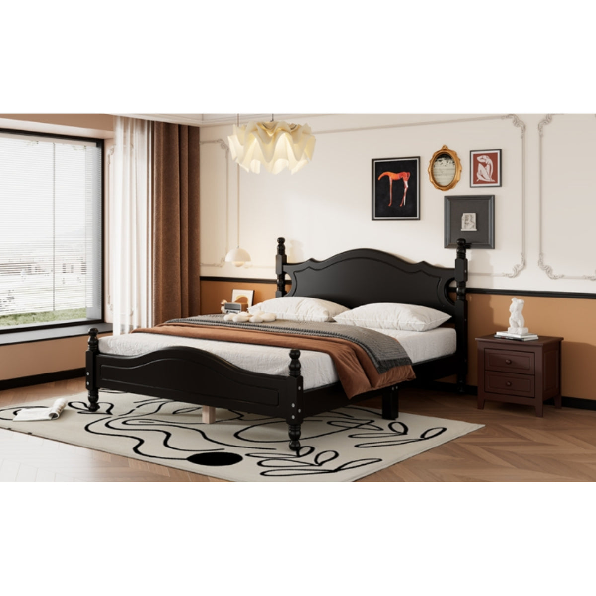 variant-group:rf-n733wf310132aab|Roomfitters Queen Size Wood Platform Bed Frame, Retro-Inspired Design with Sturdy Wooden Slat Support for Classic and Modern Interiors, Black
