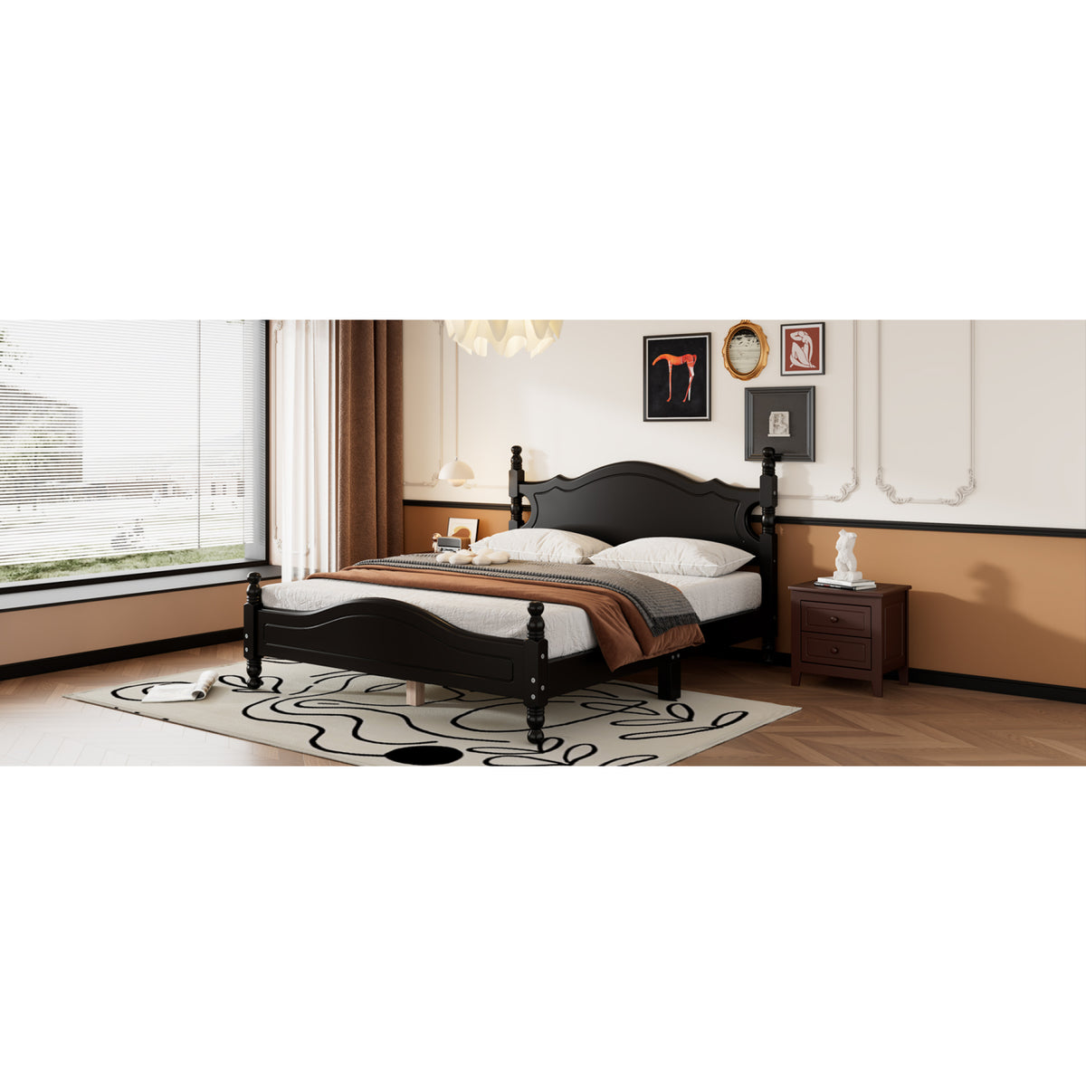 variant-group:rf-n733wf310132aab|Roomfitters Queen Size Wood Platform Bed Frame, Retro-Inspired Design with Sturdy Wooden Slat Support for Classic and Modern Interiors, Black
