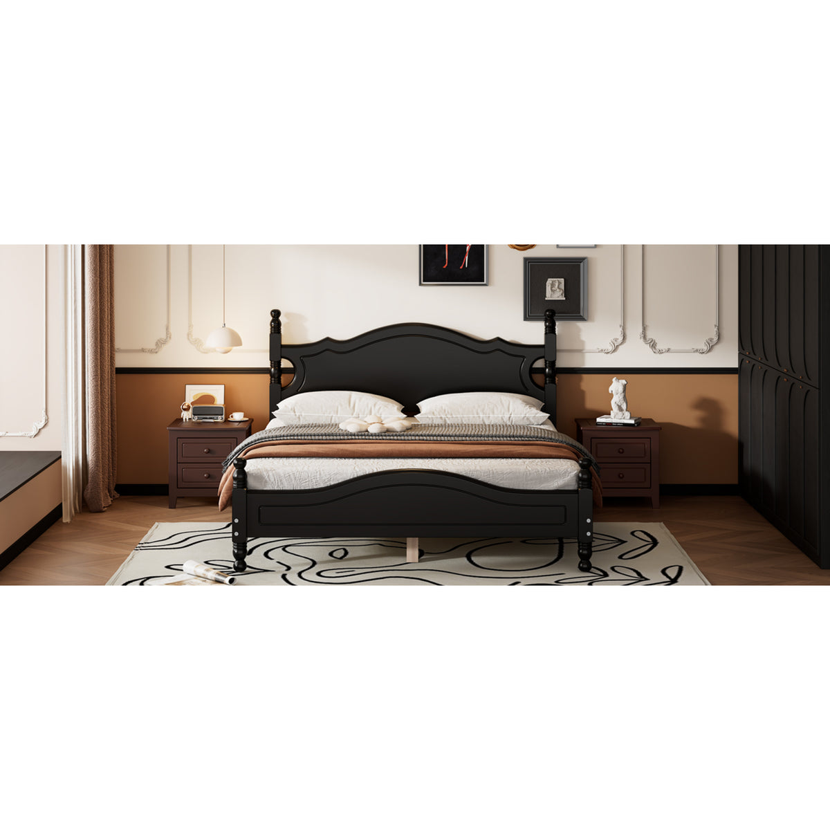 variant-group:rf-n733wf310132aab|Roomfitters Queen Size Wood Platform Bed Frame, Retro-Inspired Design with Sturdy Wooden Slat Support for Classic and Modern Interiors, Black