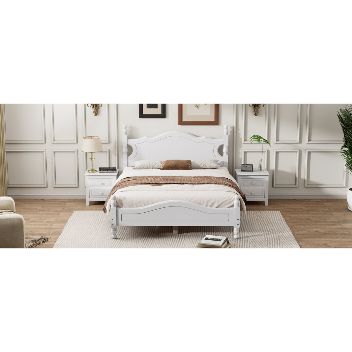 variant-group:rf-n733wf310129aak|Roomfitters Full Size Wood Platform Bed Frame, Retro-Inspired Design with Sturdy Wooden Slat Support for Classic and Modern Interiors, White