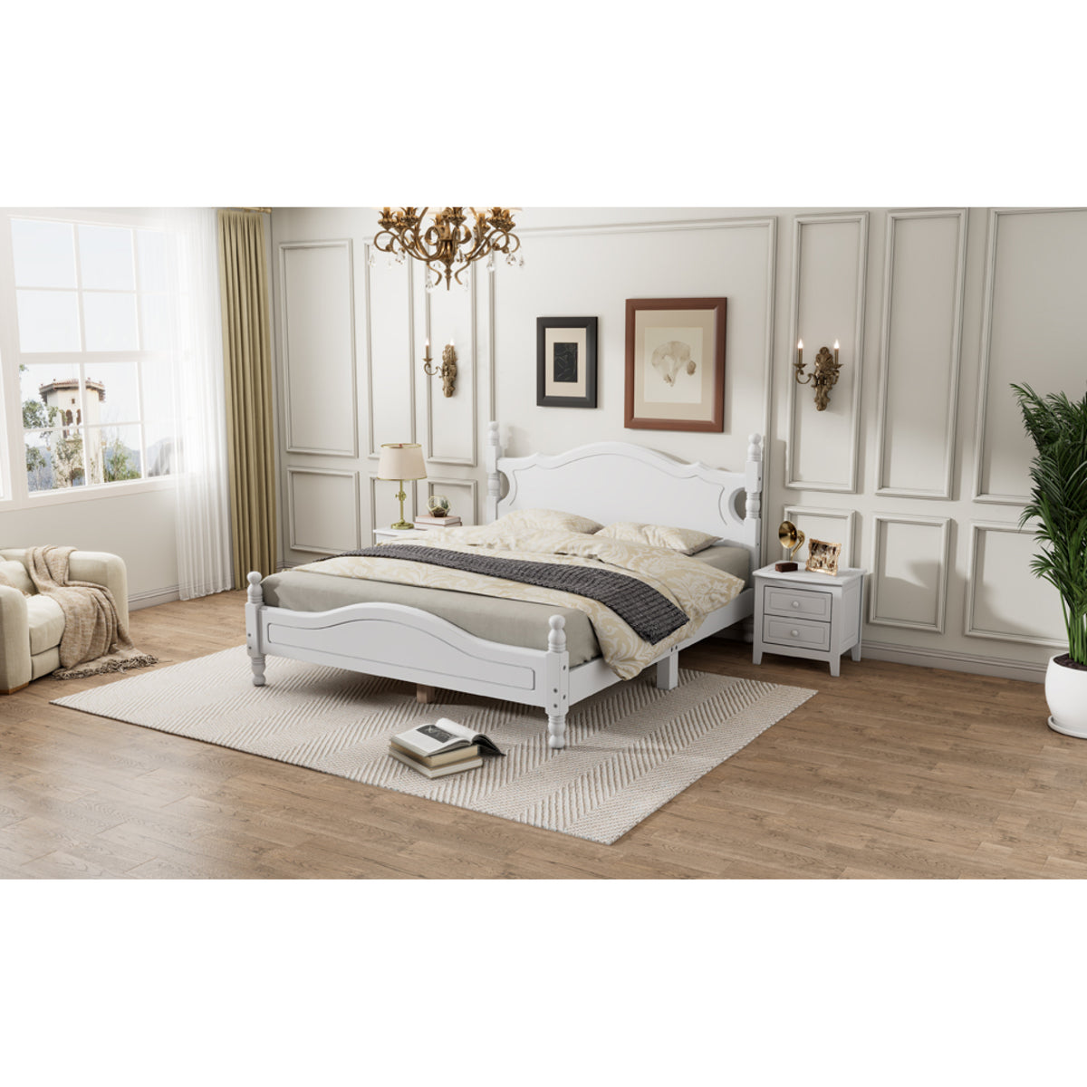 variant-group:rf-n733wf310132aak|Roomfitters Queen Size Wood Platform Bed Frame, Retro-Inspired Design with Sturdy Wooden Slat Support for Classic and Modern Interiors, White