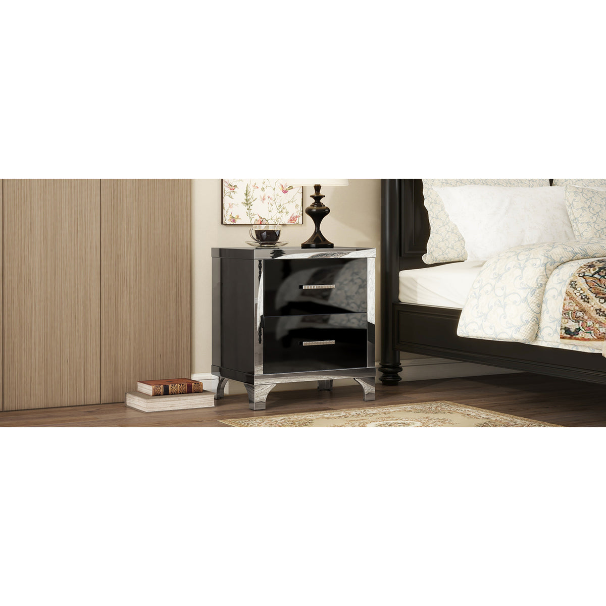 variant-group:rf-n733p205356b|Roomfitters High Gloss Nightstand with Metal Handle, Mirrored Bedside Storage Table for Bedroom or Living Room, Black