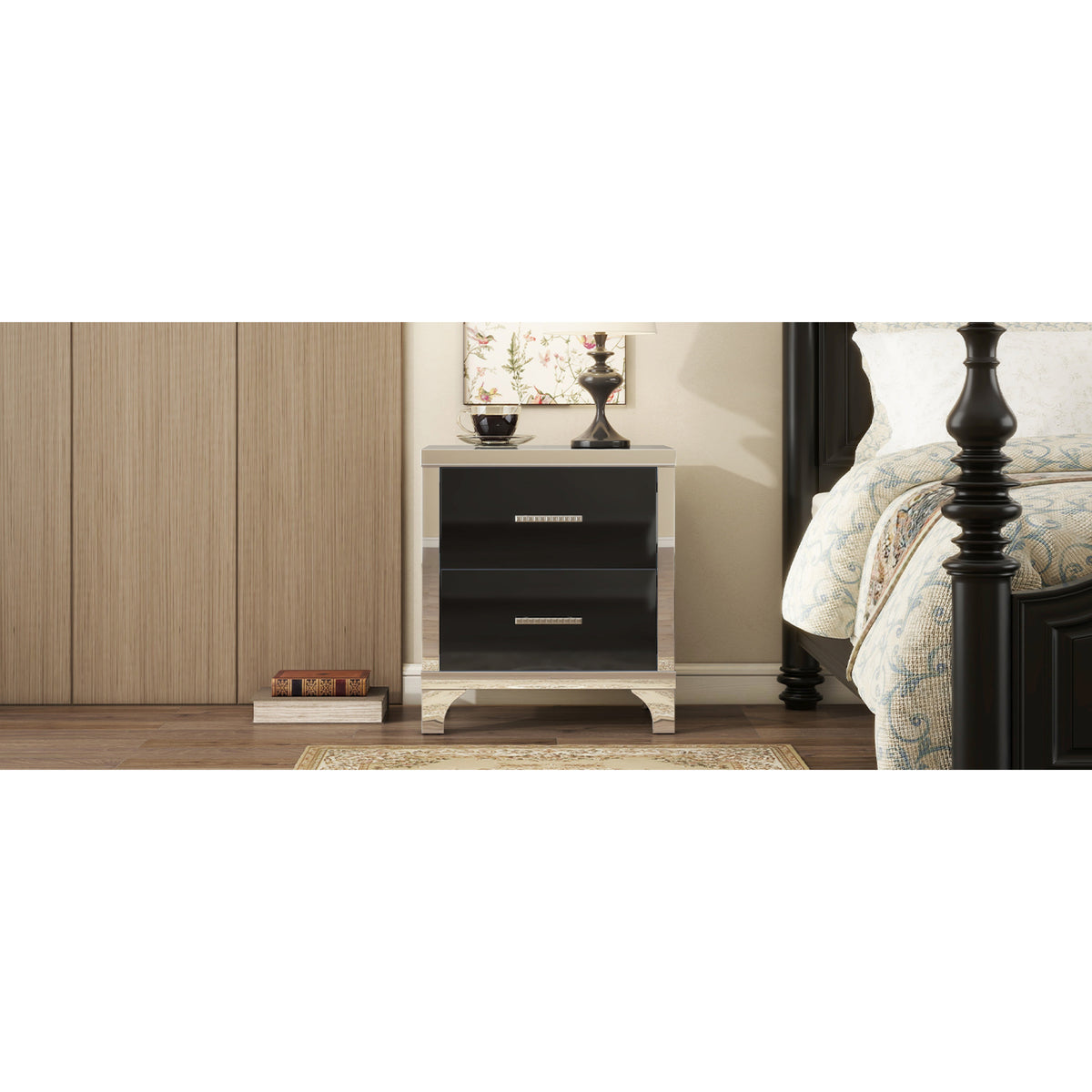 variant-group:rf-n733p205356b|Roomfitters High Gloss Nightstand with Metal Handle, Mirrored Bedside Storage Table for Bedroom or Living Room, Black