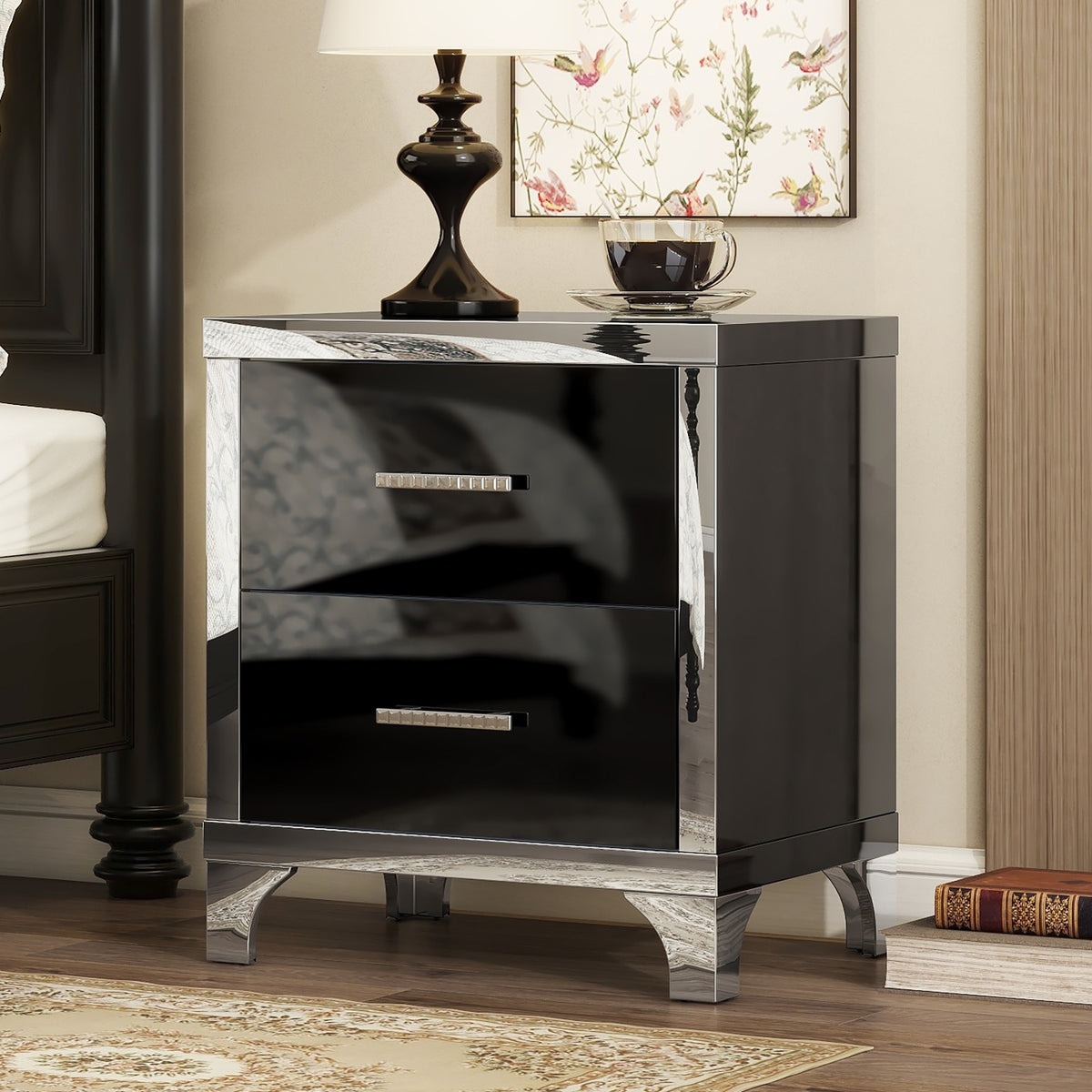 variant-group:rf-n733p205356b|Roomfitters High Gloss Nightstand with Metal Handle, Mirrored Bedside Storage Table for Bedroom or Living Room, Black