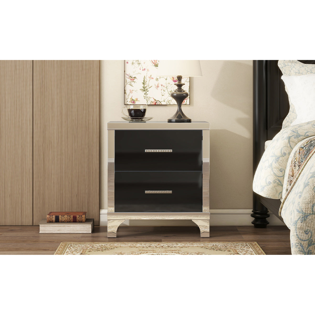 variant-group:rf-n733p205356b|Roomfitters High Gloss Nightstand with Metal Handle, Mirrored Bedside Storage Table for Bedroom or Living Room, Black