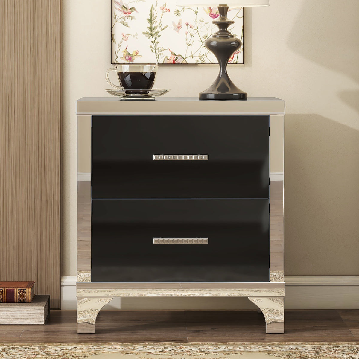 variant-group:rf-n733p205356b|Roomfitters High Gloss Nightstand with Metal Handle, Mirrored Bedside Storage Table for Bedroom or Living Room, Black
