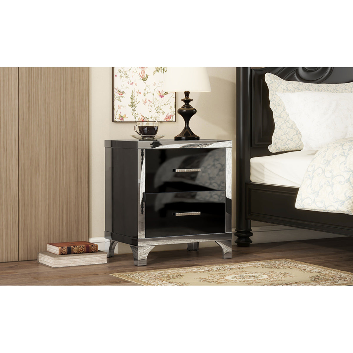 variant-group:rf-n733p205356b|Roomfitters High Gloss Nightstand with Metal Handle, Mirrored Bedside Storage Table for Bedroom or Living Room, Black
