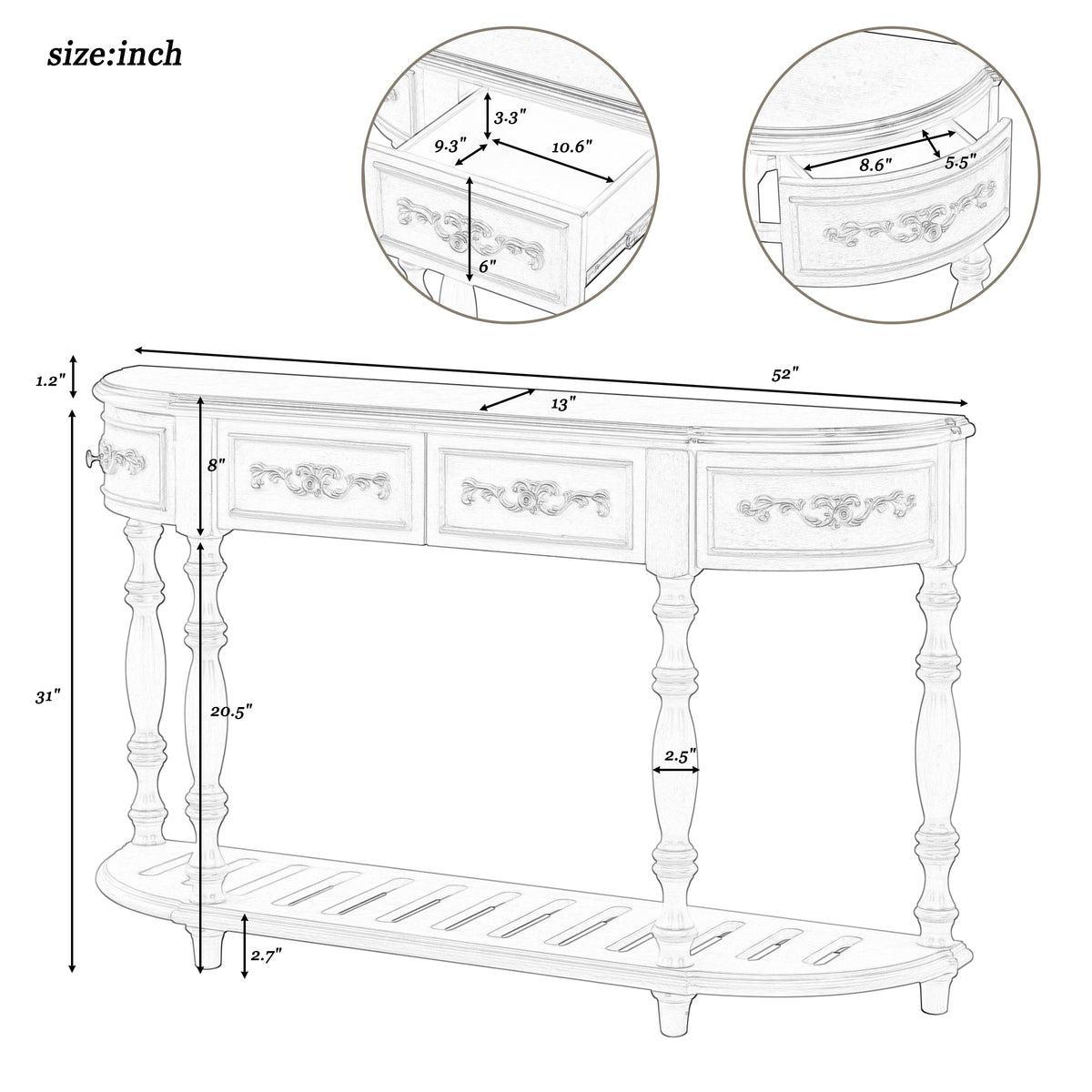 variant-group:rf-n711p186862e|Roomfitters 52" Modern Curved Console Table with Shelf, Entryway Sofa Table for Living Room, Antique Grey