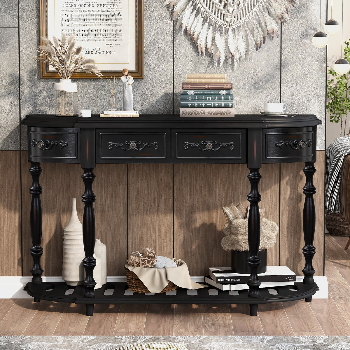 variant-group:rf-n711p186862b|Roomfitters 52" Modern Curved Console Table with Shelf, Entryway Sofa Table for Living Room, Black