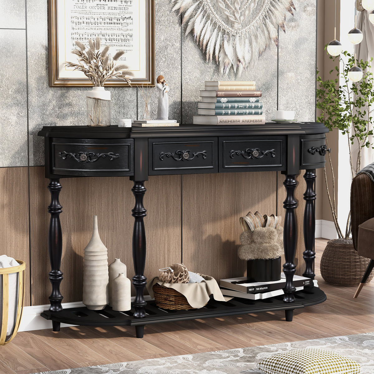 variant-group:rf-n711p186862b|Roomfitters 52" Modern Curved Console Table with Shelf, Entryway Sofa Table for Living Room, Black