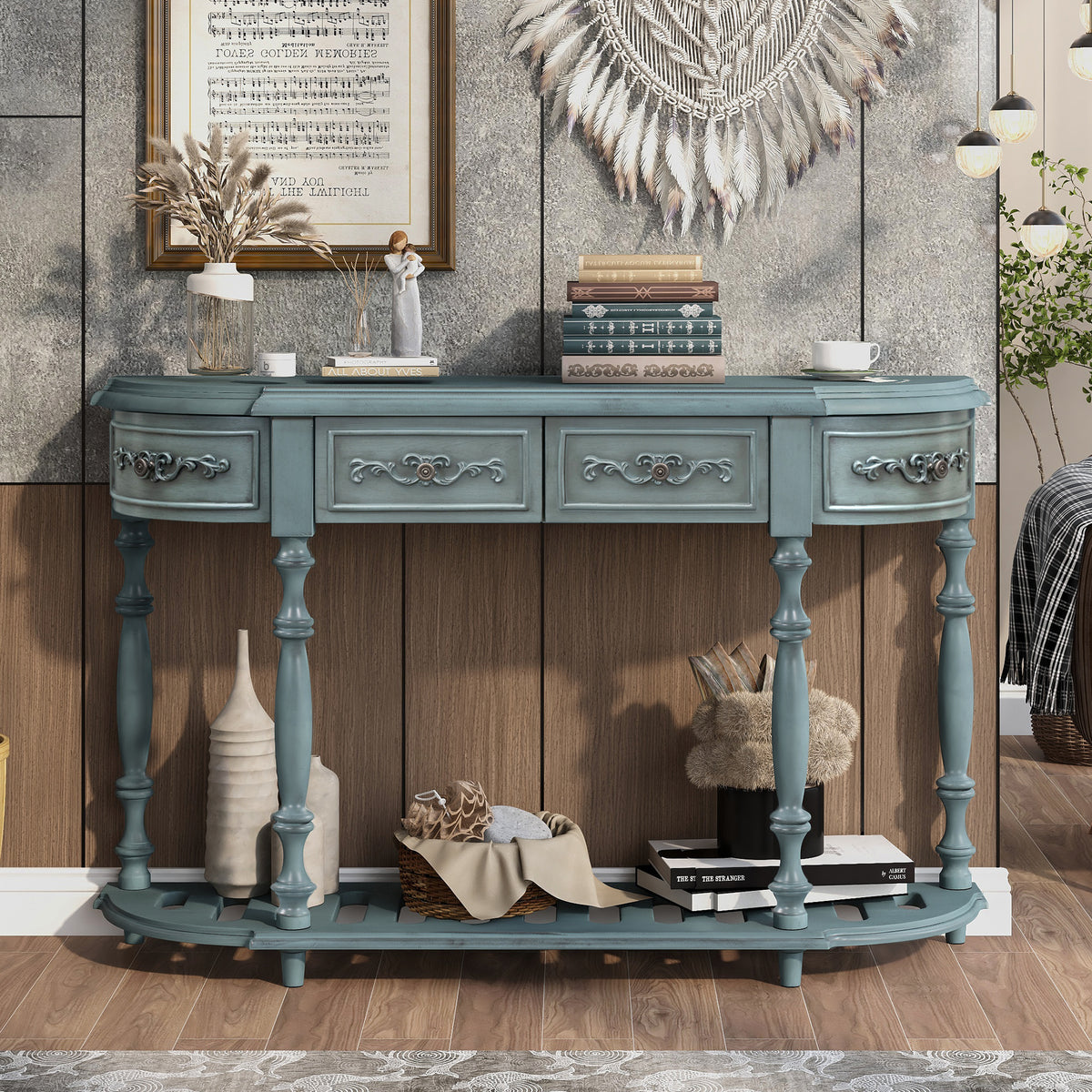 variant-group:rf-n711p186862c|Roomfitters 52" Modern Curved Console Table with Shelf, Entryway Sofa Table for Living Room, Antique Blue
