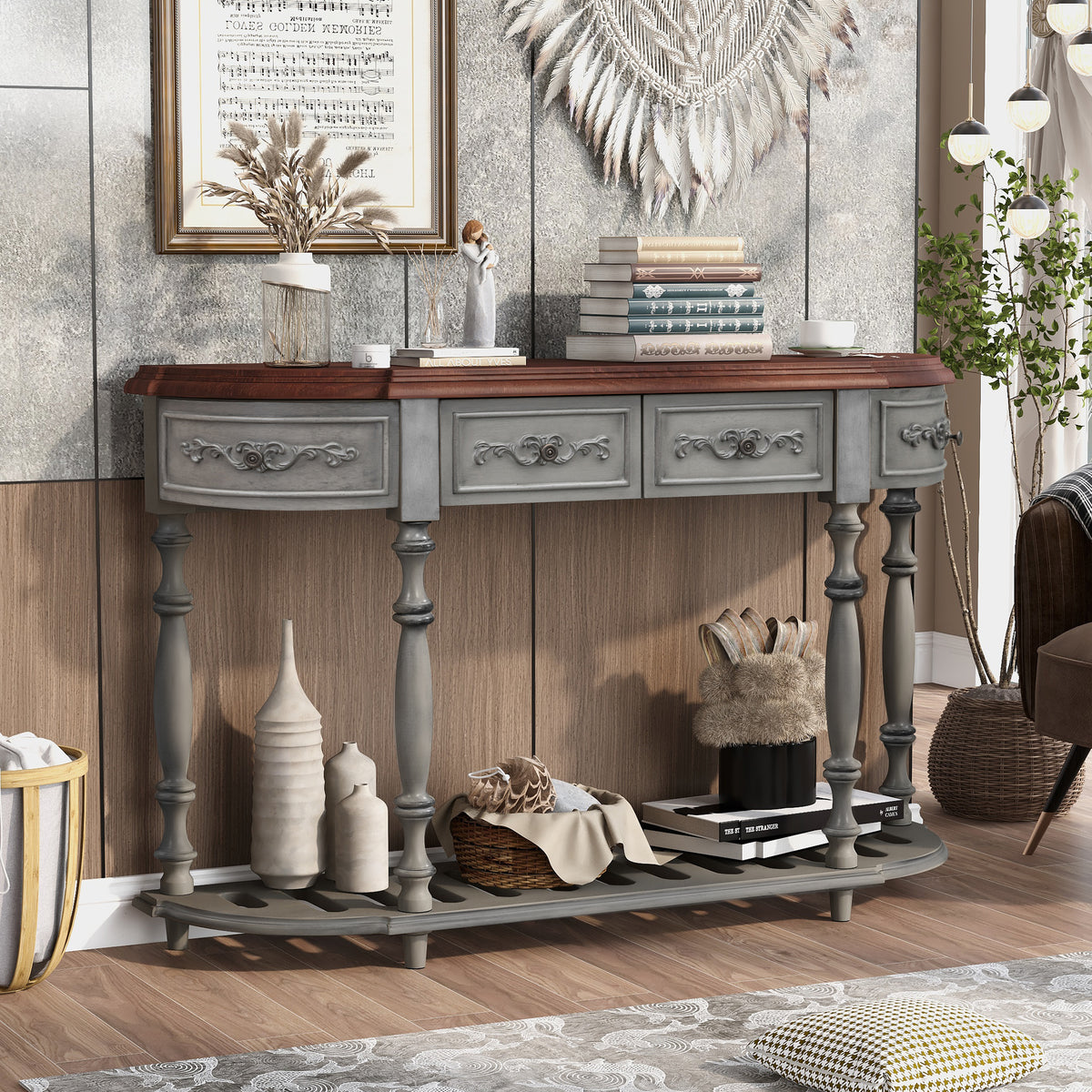 variant-group:rf-n711p186862e|Roomfitters 52" Modern Curved Console Table with Shelf, Entryway Sofa Table for Living Room, Antique Grey