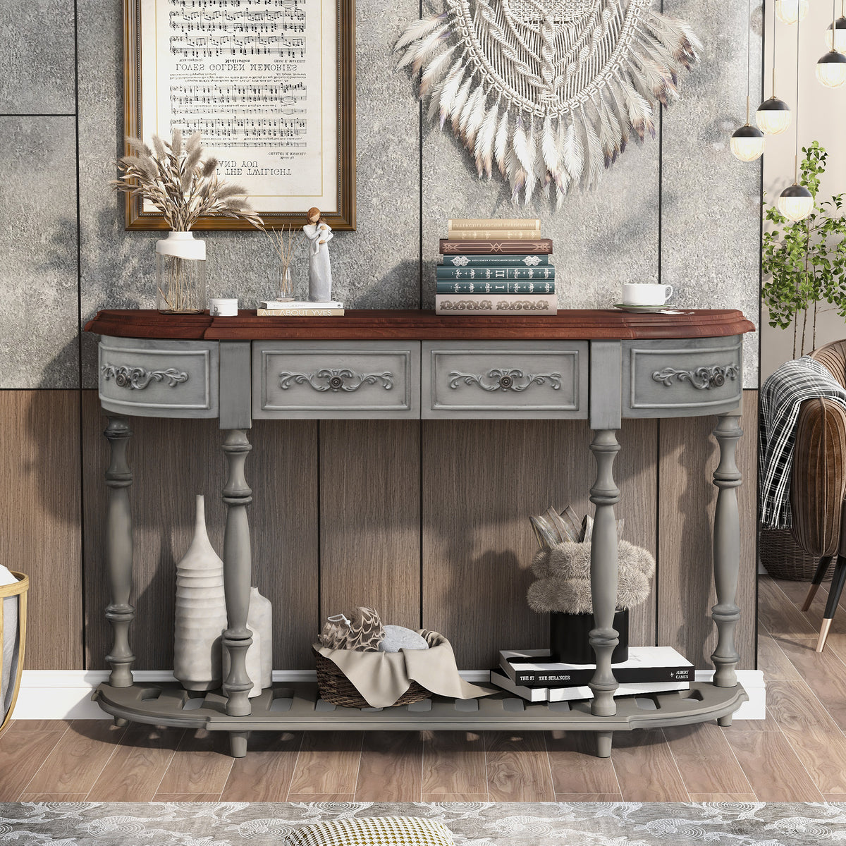 variant-group:rf-n711p186862e|Roomfitters 52" Modern Curved Console Table with Shelf, Entryway Sofa Table for Living Room, Antique Grey