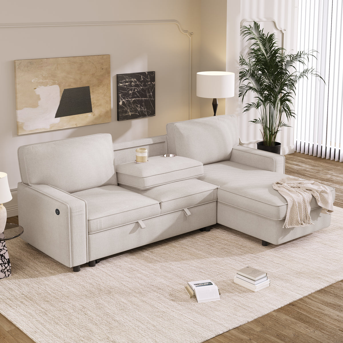 variant-group:rf-n711wy000418aaa|Roomfitters Upholstered Sleeper Sectional Sofa with Storage, USB Port, and 2 Cup Holders, Living Room Couch, Beige