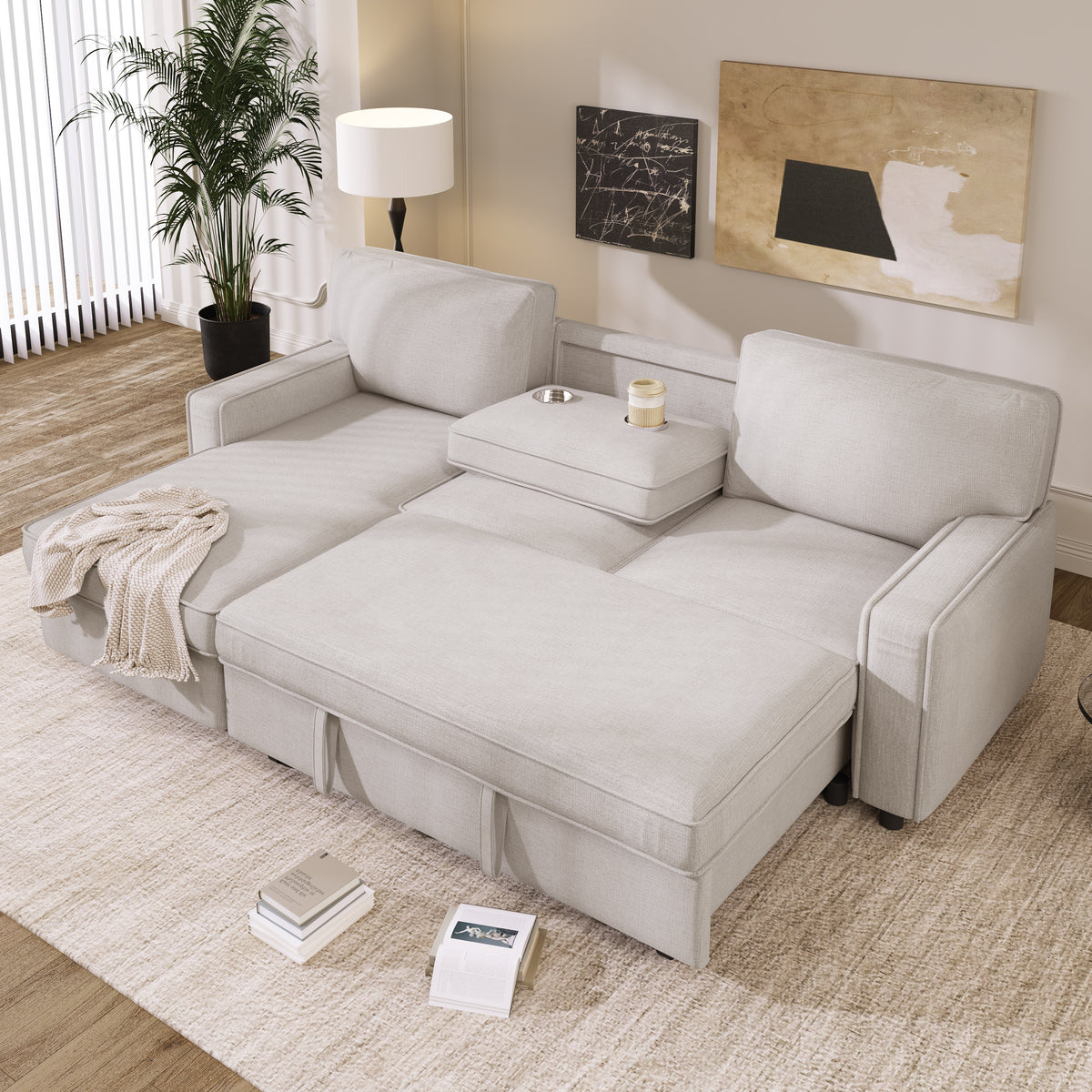 variant-group:rf-n711wy000418aaa|Roomfitters Upholstered Sleeper Sectional Sofa with Storage, USB Port, and 2 Cup Holders, Living Room Couch, Beige